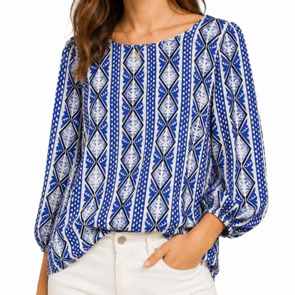 Vintage Blue Rain USA Geometric Print Bow Back Blouse Small Blue & White